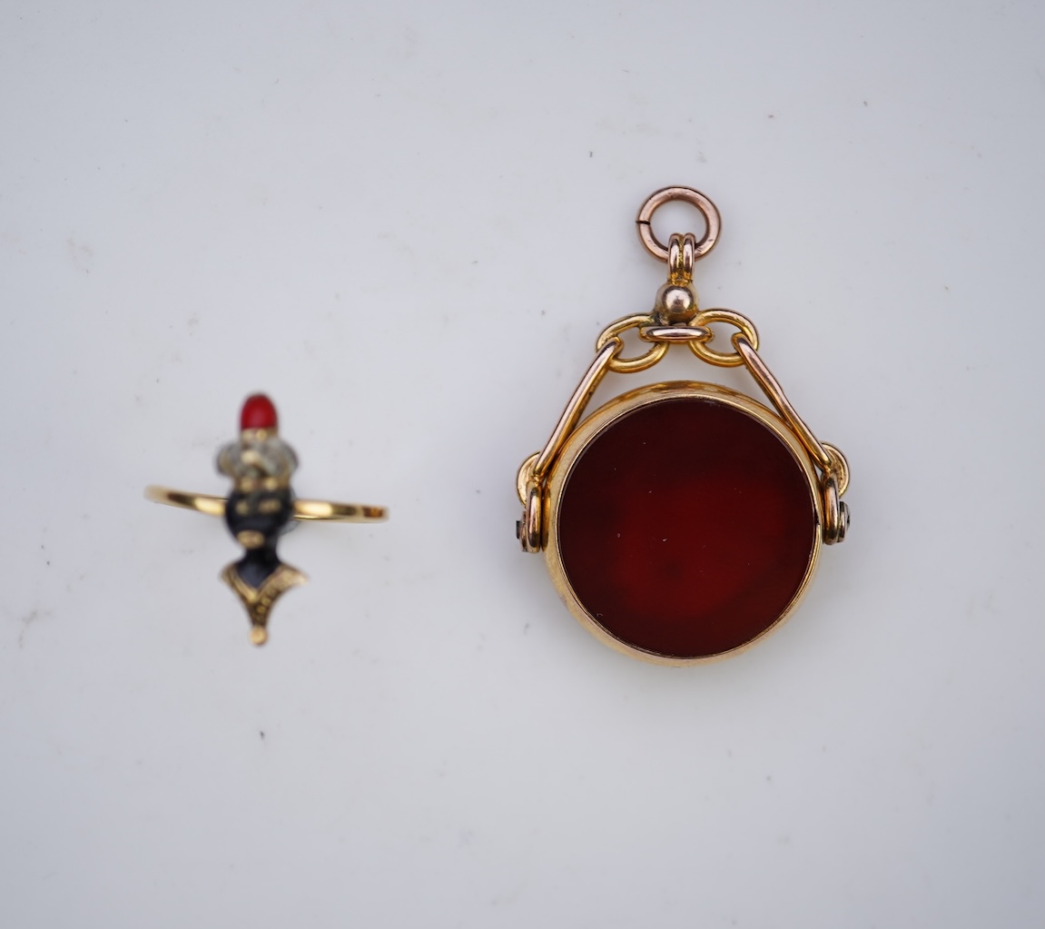 An enamel ring and a hardstone swivel fob seal